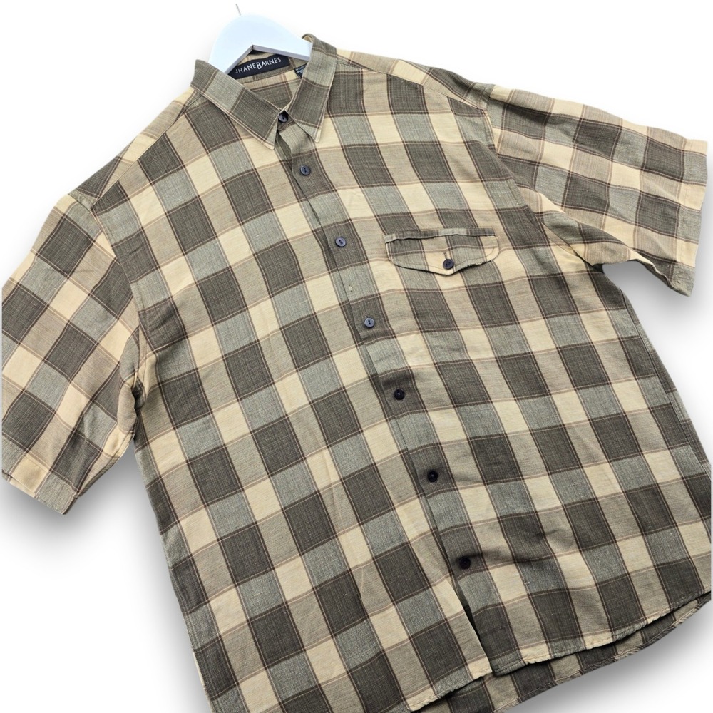 Jhane Barnes Mens Short Sleeve Plaid Button Up Shirt Brown Linen Rayon Large